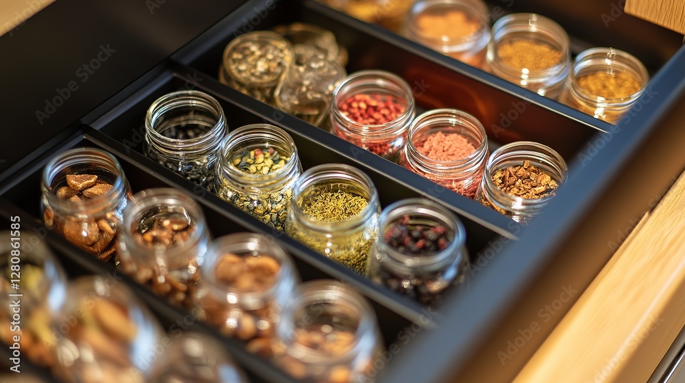 Close-Up of a Shallow Drawer Presenting a Beautifully Organized Collection in Glass Jars, with Rich Hues Sharply Contrasting the Light Interior Close-Up of a Shallow Drawer Presenting a Beautifully Organized Collection in Glass Jars, with Rich Hues Sharply Contrasting the Light Interior