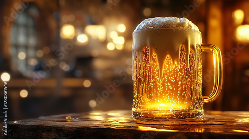 A frosty pint of golden beer with a thick foamy head