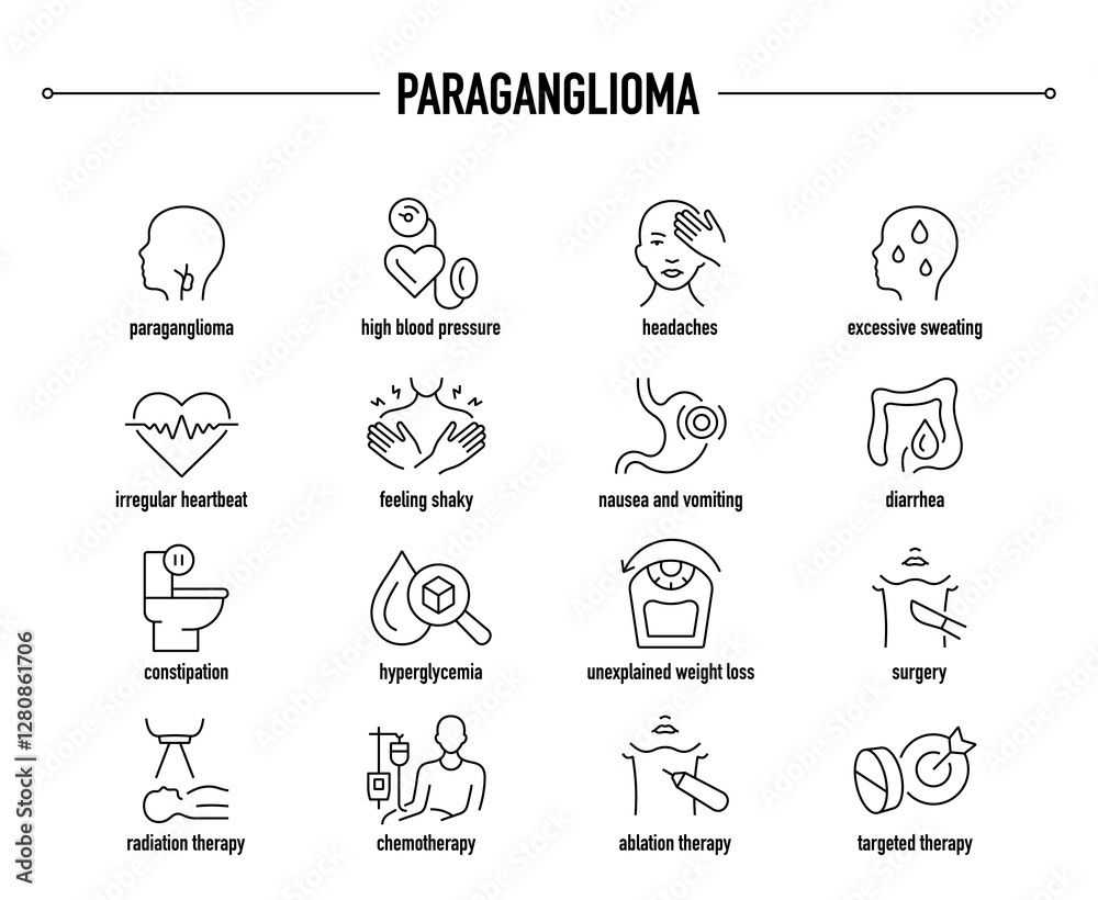 Paraganglioma symptoms, diagnostic and treatment vector icon set. Line editable medical icons Paraganglioma symptoms, diagnostic and treatment vector icon set. Line editable medical icons