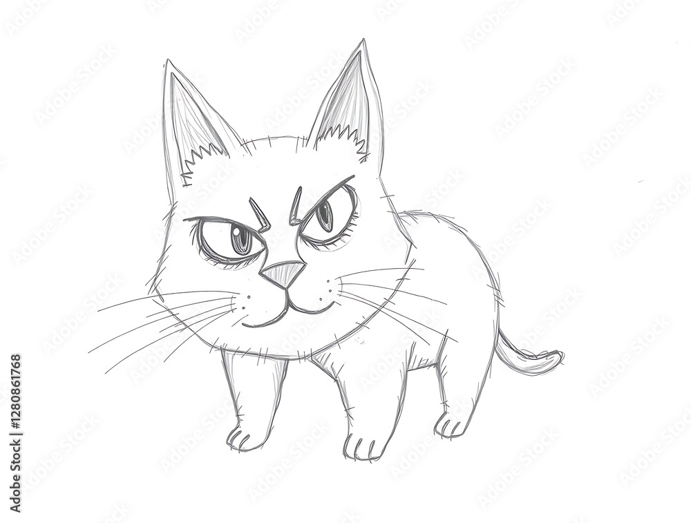 Sketch of Angry Looking Cat with Grumpy Expression and Pointy Ears Sketch of Angry Looking Cat with Grumpy Expression and Pointy Ears