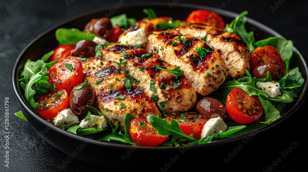 fresh keto salad with grilled chicken, feta cheese, and cherry tomatoes, garnished with olives and herbs, perfect for healthy fresh keto salad with grilled chicken, feta cheese, and cherry tomatoes, garnished with olives and herbs, perfect for healthy