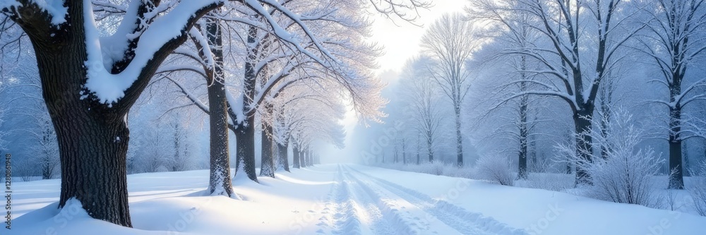 Obraz premium Snow-covered trees with bare branches and frosty leaves, nature, winter