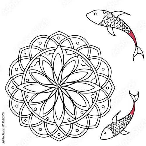 Mandala Coloring Page with Koi Fish: Intricate Floral Design for Relaxation and Creative Expression, Printable Art Therapy for Adults & Kids
