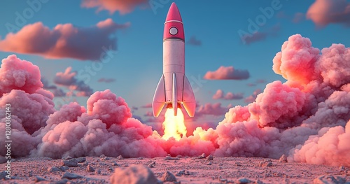 In the soft pink light of morning, a dynamic rocket soars upwards, its trail of smoke marking innovation and exploration