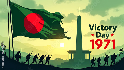 Illustration of bangladesh victory day with flag soldiers and monument against a sunset background