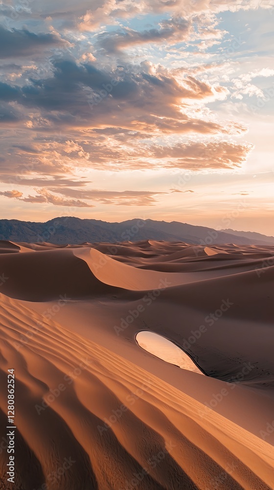 Fototapeta premium A desert scene with curving sand dunes and a reflective water body under the soft light