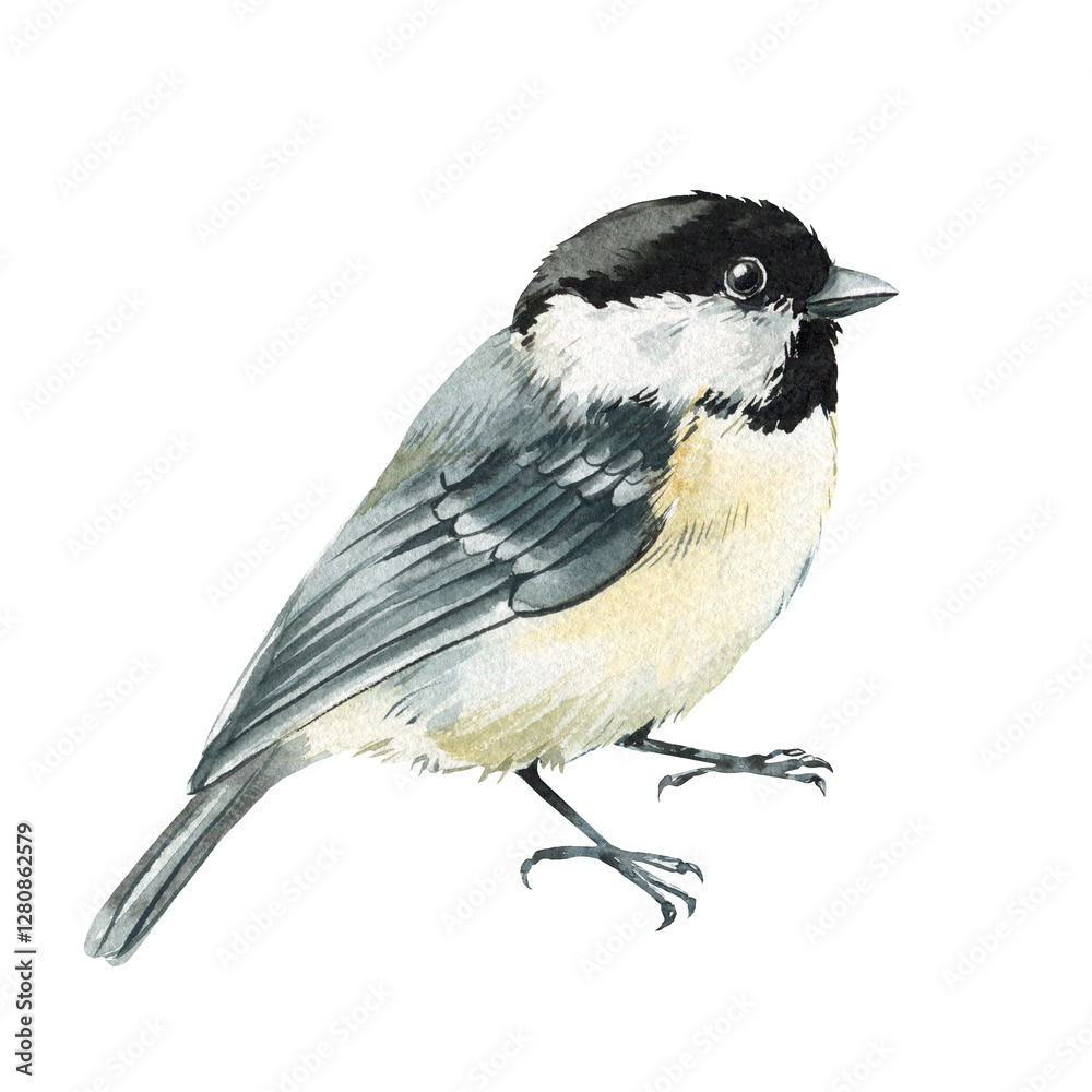 Obraz premium tit bird, beautiful watercolor songbirds black capped chickadees with fluffy feathers isolated on background, clipart