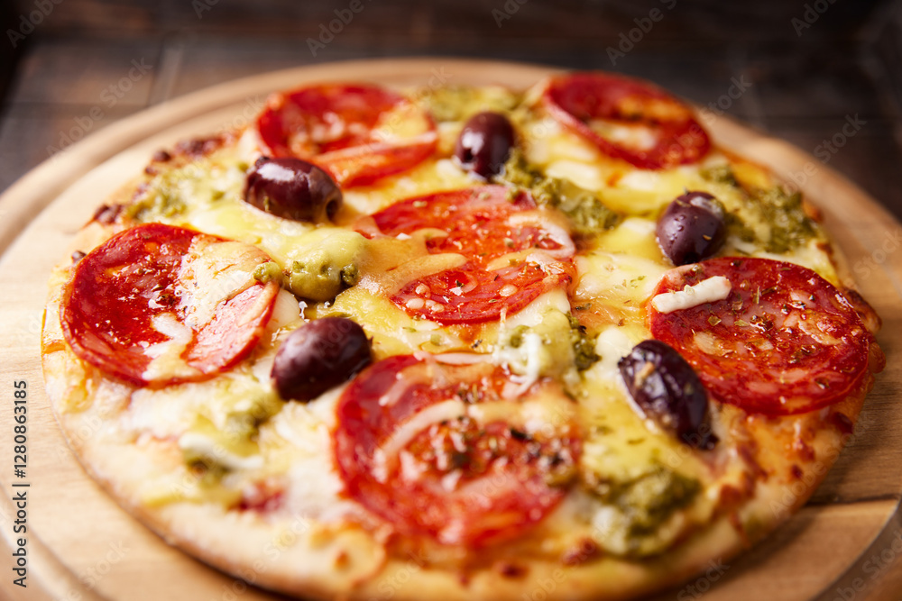 Pizza with chorizo sausage, mozzarella and cheddar cheese, olive pesto and kalamata olives. Wooden background. Soft focus. Close up. Pizza with chorizo sausage, mozzarella and cheddar cheese, olive pesto and kalamata olives. Wooden background. Soft focus. Close up.
