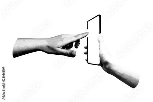 cut out monochrome  halftone element with hand holding smart phone. Modern vector rock Collage illustration isolated  on a transparent background