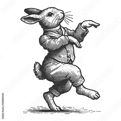 Dancing Easter bunny rabbit wearing a formal suit and bowtie, joyfully dancing sketch engraving generative ai fictional character vector illustration. Scratch board imitation. Black and white image.