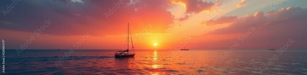 Fototapeta premium Sunset over Arabian Sea with boats in the distance, sky, sailing
