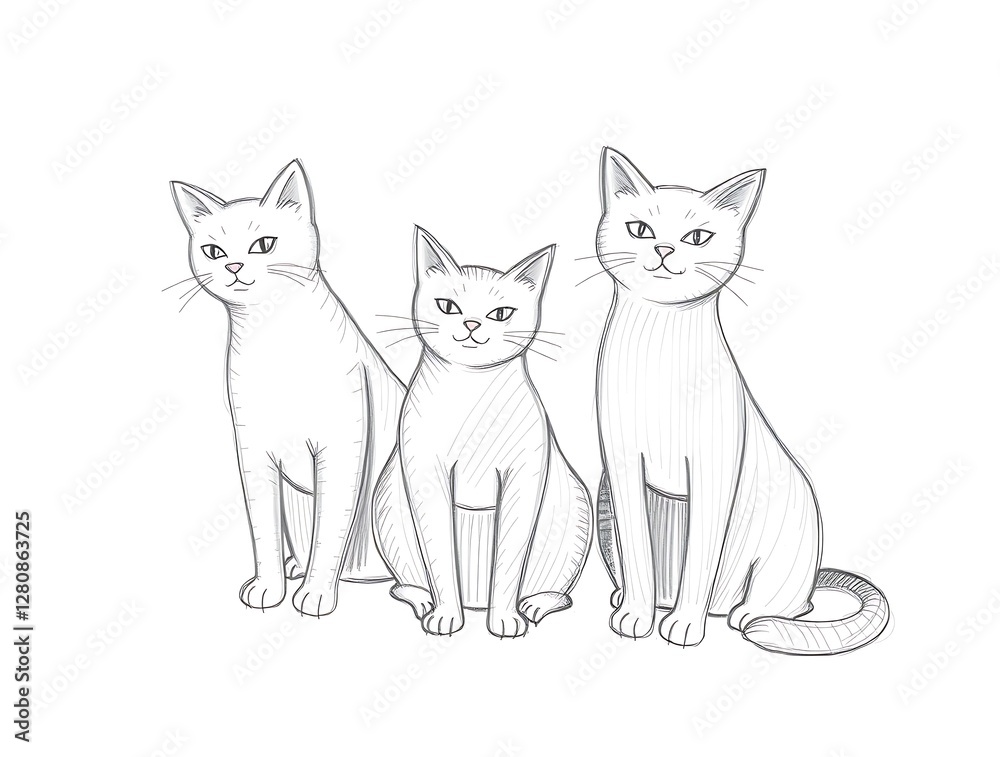 Three Cats Sitting Together Hand Drawn Sketch Style Animal Illustration Three Cats Sitting Together Hand Drawn Sketch Style Animal Illustration