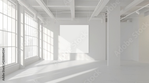 Art exhibition setup in minimalist gallery spacious interior bright lighting modern design