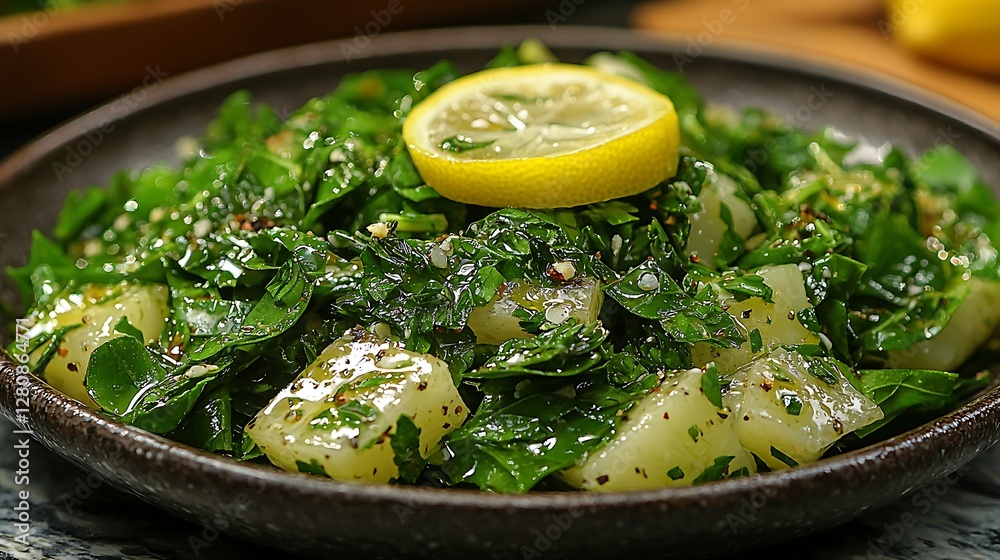 Delicious Green Spinach and Potato Salad with Lemon Herbs and Spices Delicious Green Spinach and Potato Salad with Lemon Herbs and Spices