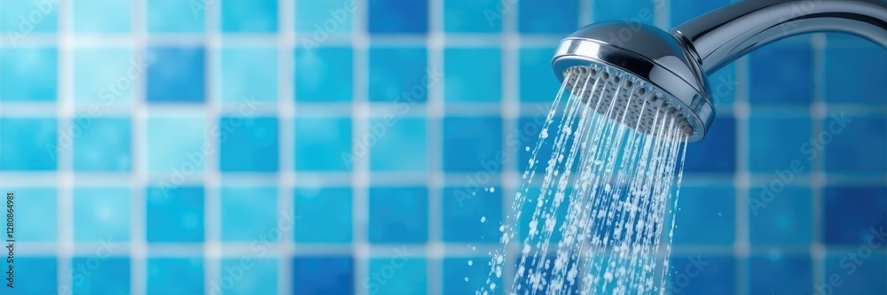 Water falls from a modern showerhead onto blue and white bathroom tiles, splash, white, droplet Water falls from a modern showerhead onto blue and white bathroom tiles, splash, white, droplet