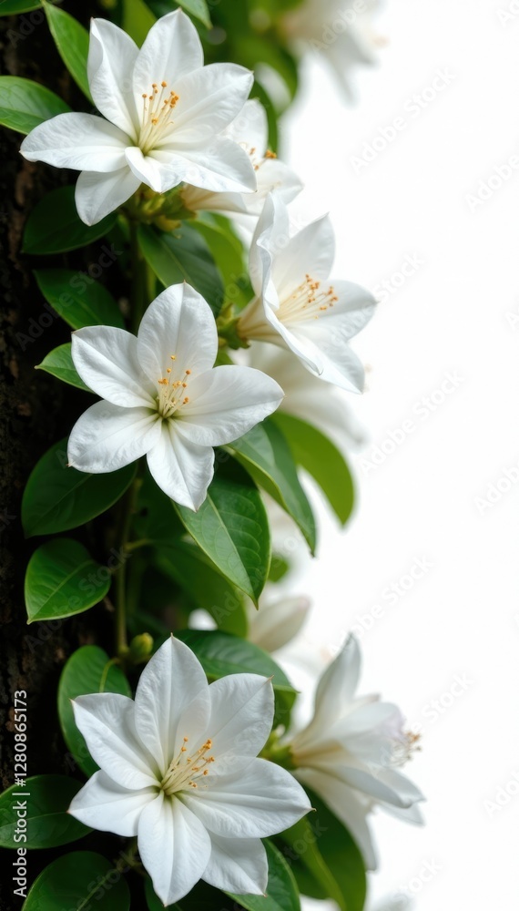 Fototapeta premium White azaleas cascading down a curved shrub trunk, trunk, botanical
