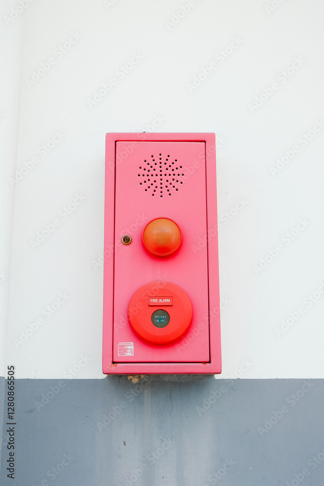 A red alarm box mounted on an outdoor wall, serving as an emergency alert system in public spaces A red alarm box mounted on an outdoor wall, serving as an emergency alert system in public spaces