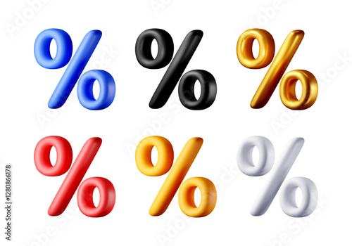 3D set of realistic percent sign isolated. Render money finance or business concept. Percentage, sale, discount, promotion shopping symbol. Offer, price tag, coupon, bonus. Vector illustration