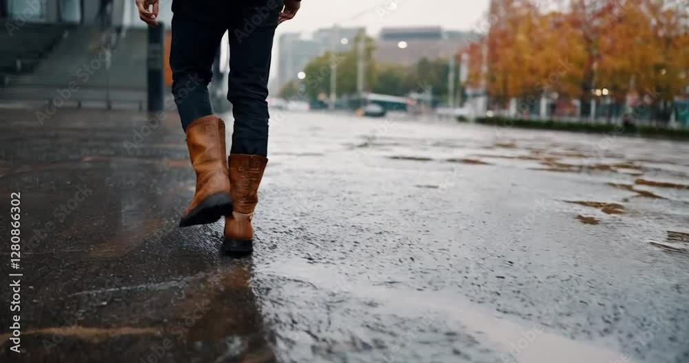 Walking in Rain with Brown Boots Along a Wet Street, Close Up and Close up Shot of the Ground with water and background view of building with trees, Autumn Season Walking in Rain with Brown Boots Along a Wet Street, Close Up and Close up Shot of the Ground with water and background view of building with trees, Autumn Season