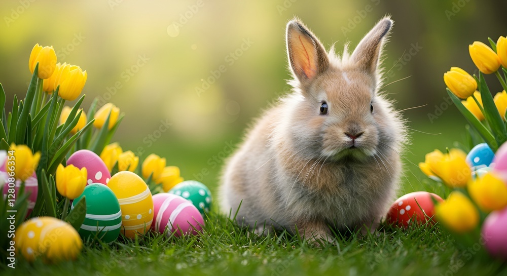 Fototapeta premium A cute fluffy Easter bunny sitting on a grassy field surrounded by colorful painted eggs and spring flowers under soft morning sunlight