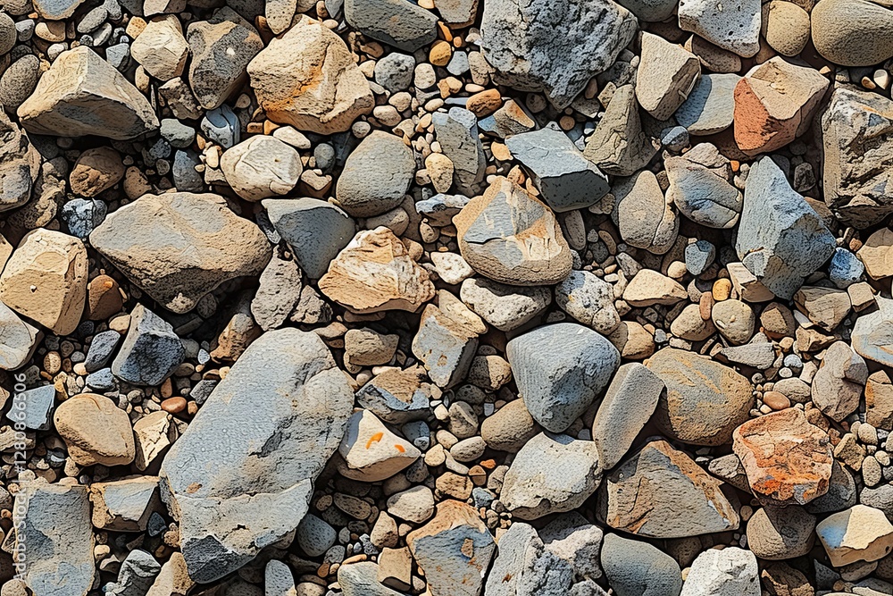 Scattered natural rocks and pebbles in various shapes and sizes covering the ground. Scattered natural rocks and pebbles in various shapes and sizes covering the ground.