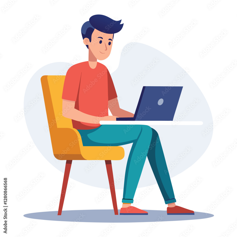 a boy is using his laptop vector a boy is using his laptop vector