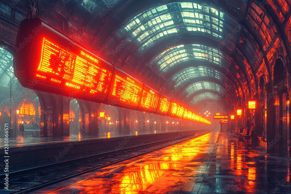 retro futuristic train station with glowing displays and reflections retro futuristic train station with glowing displays and reflections