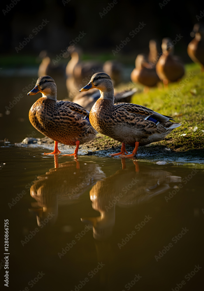 Fototapeta premium Mallard ducks standing by a calm reflective pond with natural wetland surroundings