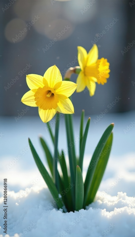 Obraz premium Yellow daffodils peek out from under the snow, , daffodils hidden, hidden blooms