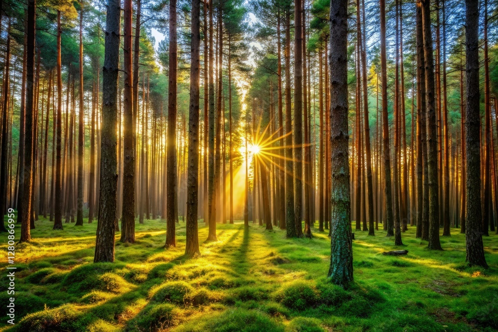 Obraz premium Mystical autumnal landscapes: Kiefer Wald's nature photography showcases sun-drenched German forests of dark conifers.