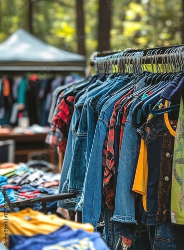 Assorted Colorful Clothes Hanging On Rack in Fashion Outdoor Marketplace Event