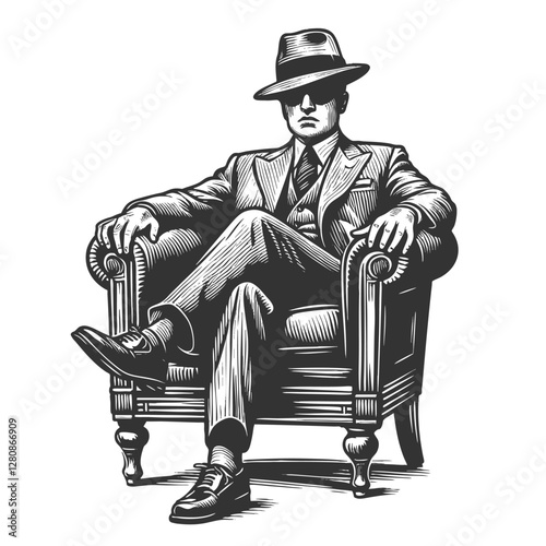 Mafioso man in a pinstripe suit sitting in an armchair, exuding power, authority, and sophistication sketch engraving generative ai vector illustration. Scratch board imitation. Black and white image.