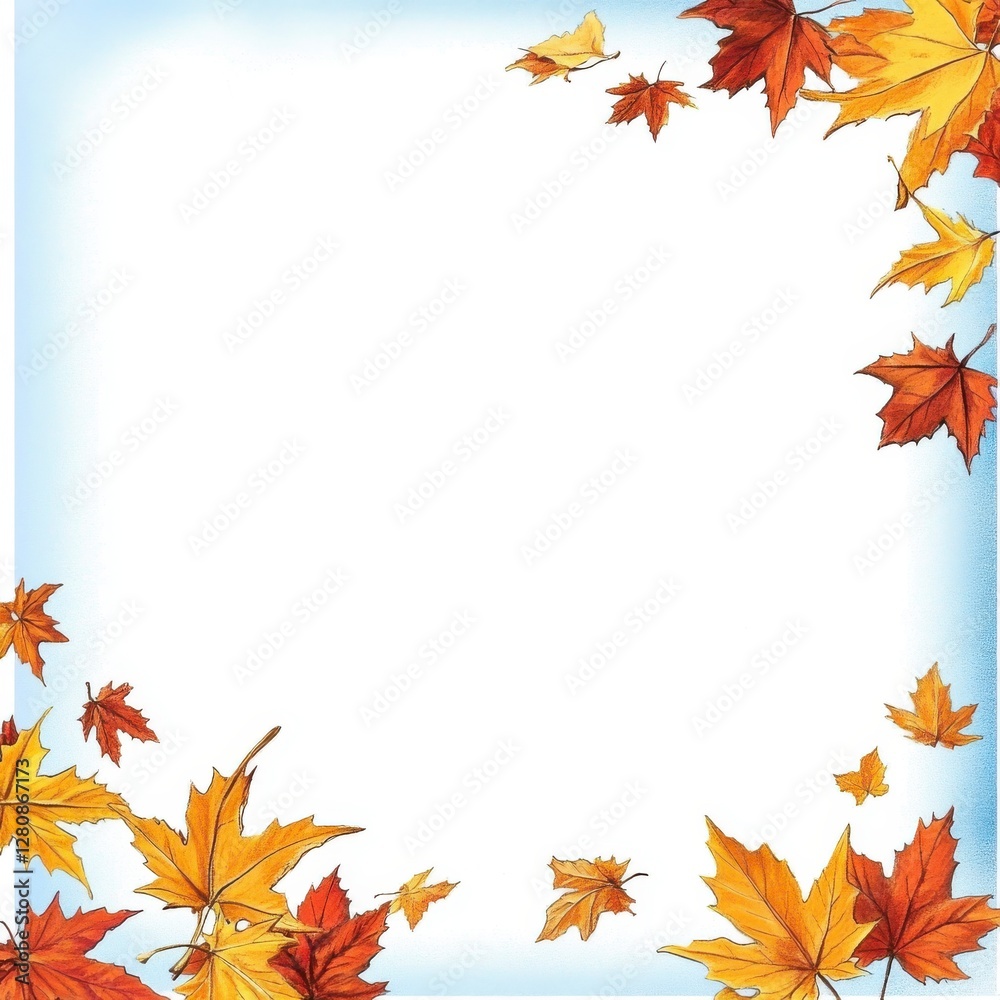 Autumn Maple Leaves Frame with White Space on Light Blue Background Autumn Maple Leaves Frame with White Space on Light Blue Background