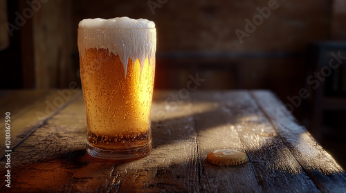 A frosty pint of golden beer with a thick, foamy head