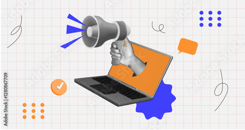 halftone collage, Breaking news and digital announcements hand holding megaphone emerges from laptop, online news, media updates and real-time information sharing