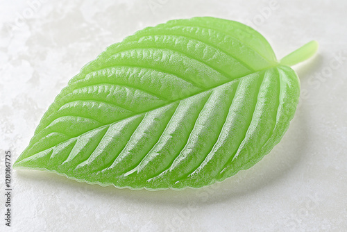 Fresh green leaf with intricate veins resting on a light background, symbolizing nature and renewal