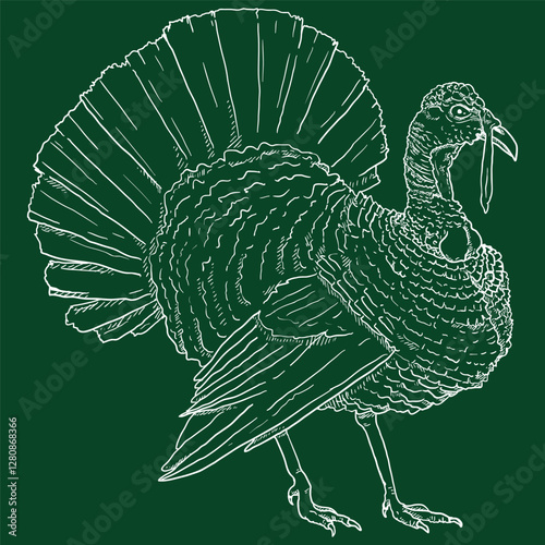 Vector Chalk Sketch Turkey. Farm Bird Image