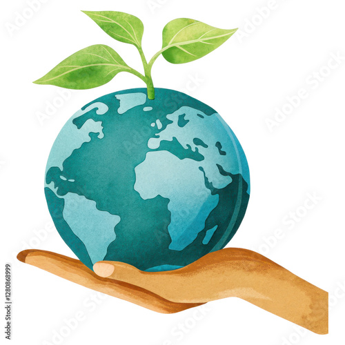 Hand Holding a Teal Globe with a Green Sprout