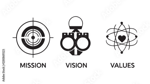 Vision, mission and values editable stroke outline icons set on white bagraound vector illustration. 

