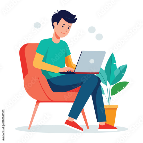 a boy is using his laptop vector