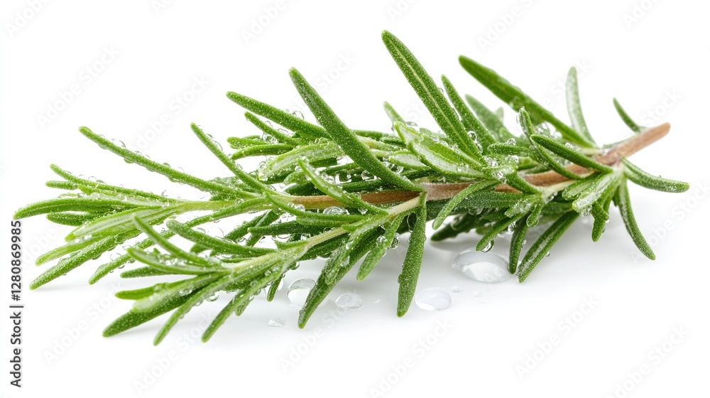 Fresh Organic Rosemary Herb Sprigs with Water Droplets Isolated on Pure White Background for Culinary and Aromatic Essential Oil Applications Fresh Organic Rosemary Herb Sprigs with Water Droplets Isolated on Pure White Background for Culinary and Aromatic Essential Oil Applications