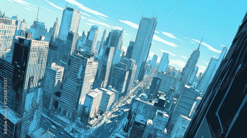 Obraz premium High-angle view of a stylized cityscape with skyscrapers and streets.