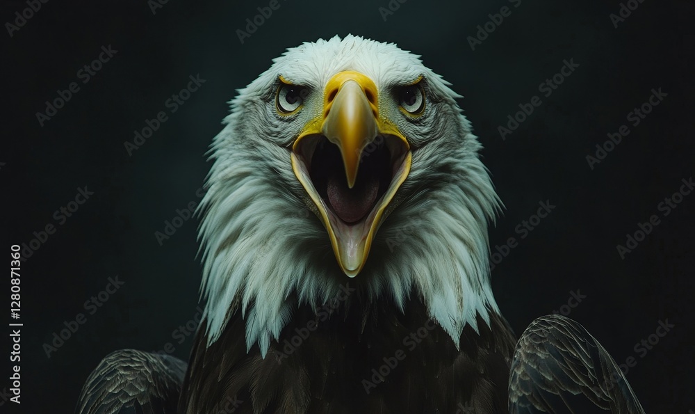 Obraz premium Majestic bald eagle portrait with open beak against a dark background, showcasing the fierce beauty and strength of this iconic bird of prey