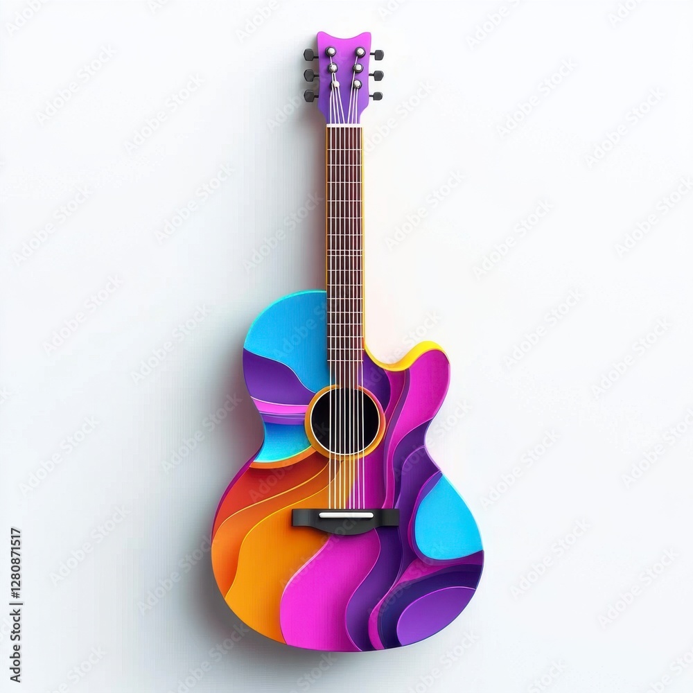 Obraz premium Colorful Abstract Acoustic Guitar with Layered Paper Cut Design on White Background
