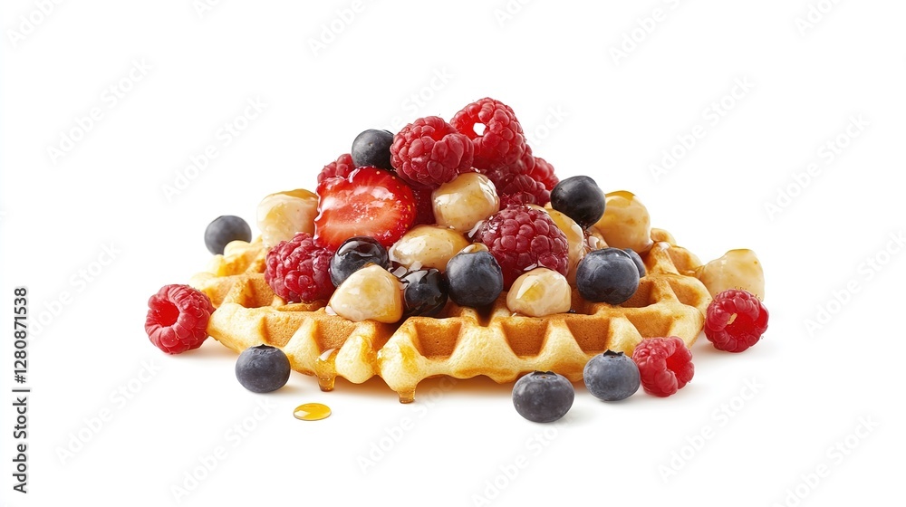 Golden Belgian Waffles Topped with Fresh Mixed Berries and Drizzled with Maple Syrup, Perfect Breakfast Food Photography on Clean White Background Golden Belgian Waffles Topped with Fresh Mixed Berries and Drizzled with Maple Syrup, Perfect Breakfast Food Photography on Clean White Background