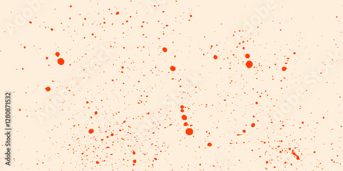 Red spray paint drips on a beige textured background with dusty halftone dots, ink splashes and grunge stains in retro style. Stipple effect on a paper sheet.