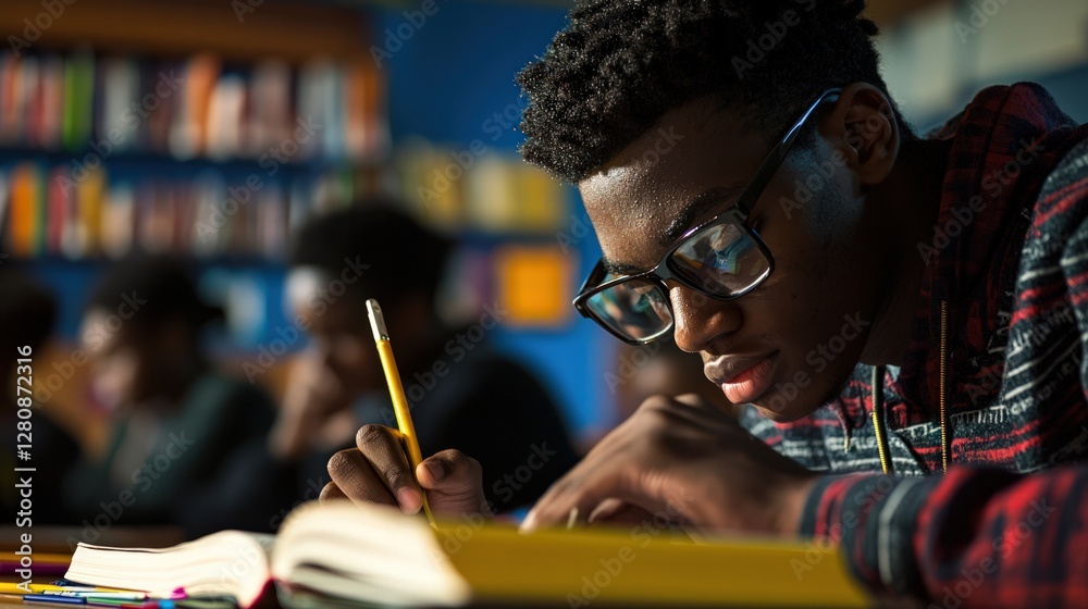 Young African Student Concentrating While Studying in a Classroom Filled with Books Young African Student Concentrating While Studying in a Classroom Filled with Books