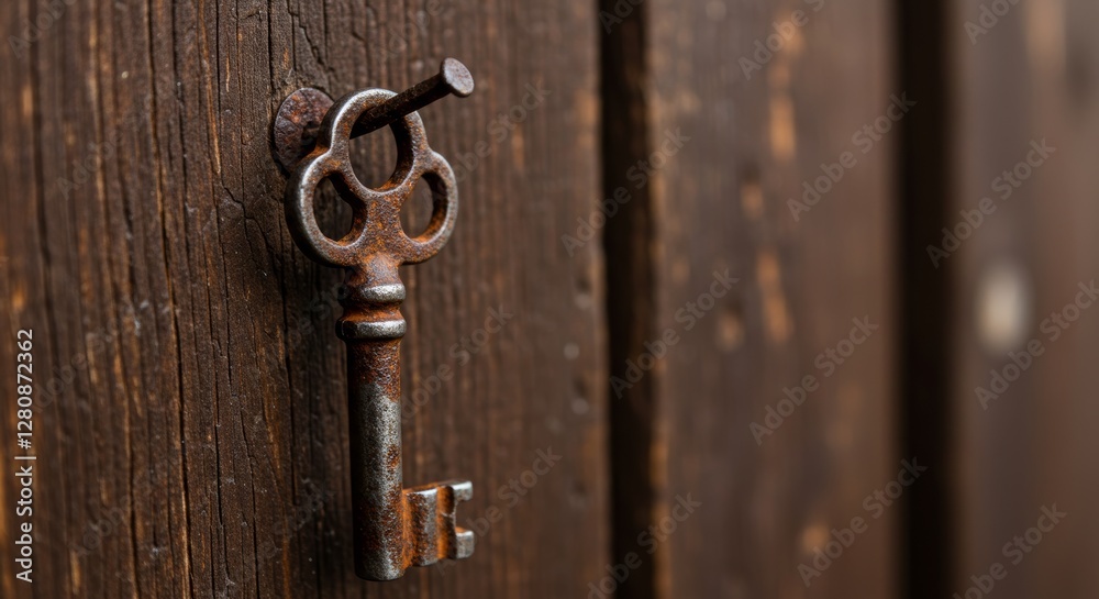 Timeworn relic, An aged key hanging on a rustic wooden plank wall Timeworn relic, An aged key hanging on a rustic wooden plank wall
