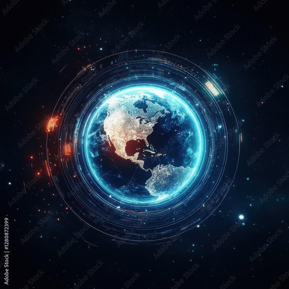 Obraz premium Stunning 3D Rendering of Earth Surrounded by Digital Technology Elements