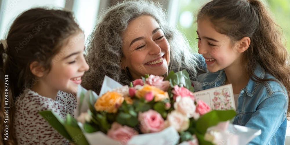 Mother, daughter and granddaughter sharing a special moment with flowers Mother, daughter and granddaughter sharing a special moment with flowers